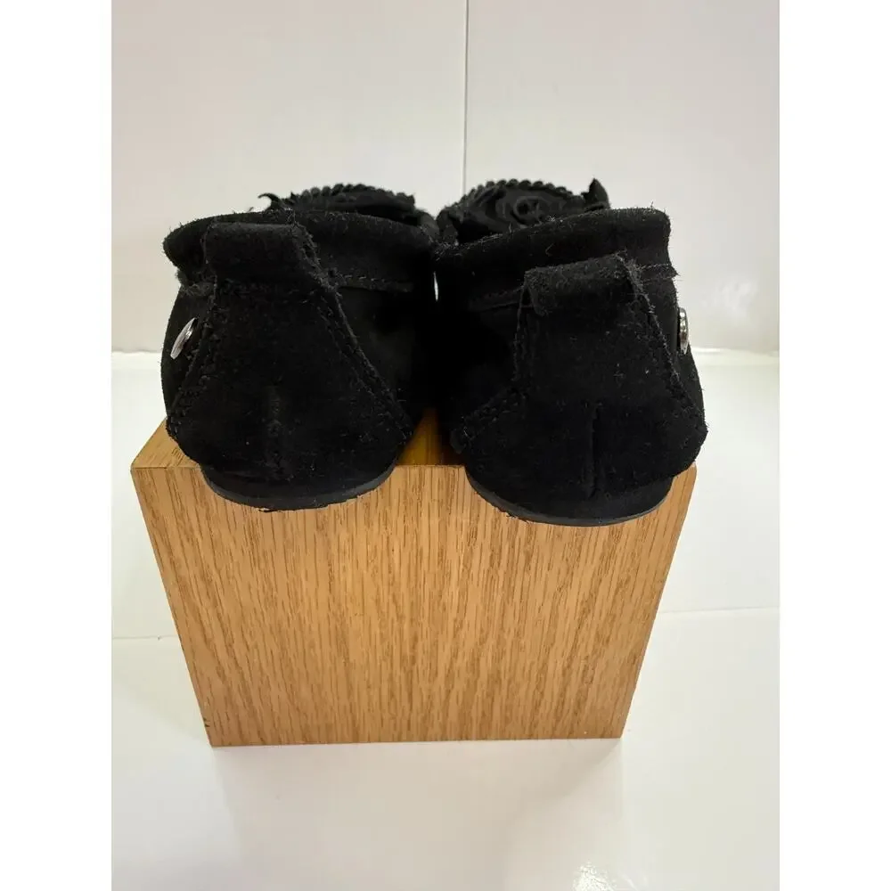 Makalu Black Suede Moccasin Flats Fringe Boho Tribal Lined Slip On Shoes 7.5